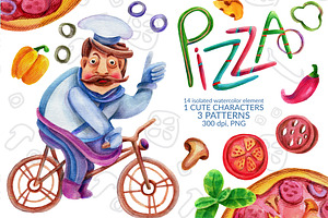 Watercolor elements of PIZZA