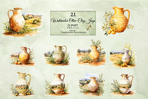 Watercolor Olive Clay Jugs Clipart