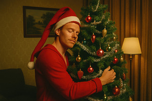 man hugging a christmas tree, generative AI, a Photo by Nito