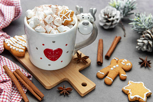 Reindeer mug with hot chocolate and gingerbread cookies, a Holiday Photo by Olena Rudo