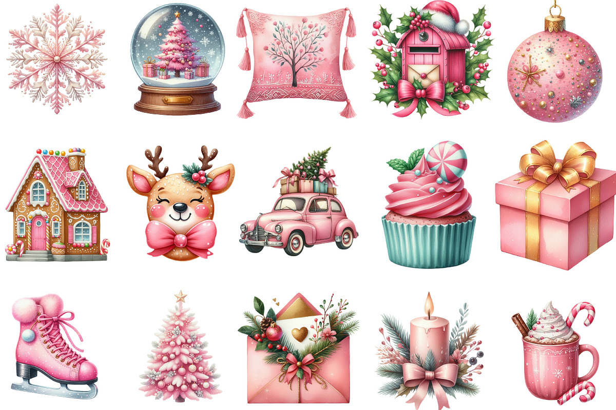 Watercolor Pink Christmas Clipart, an Illustration by Designking (Photo 3 of 5)