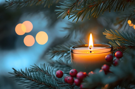 A festive candle in a spruce tree, a Photo by Pavel_design