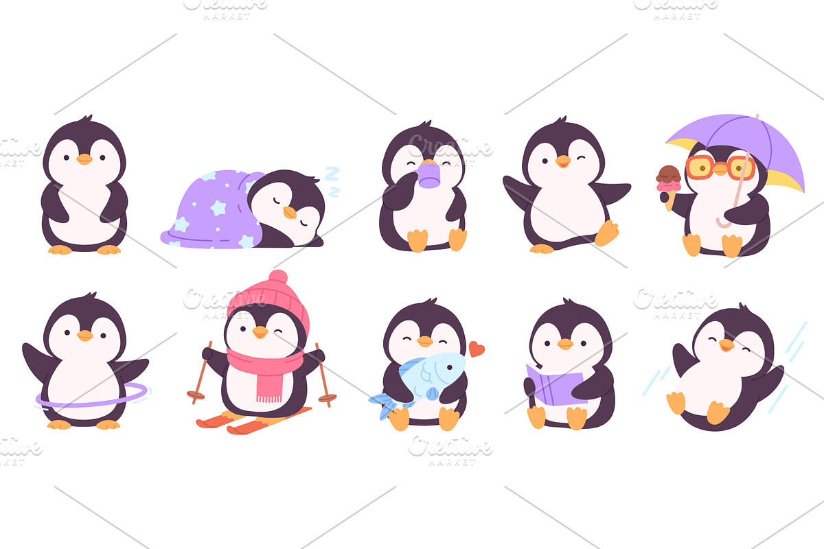 Cute penguin characters. Funny happy, an Illustration by LadadikArt