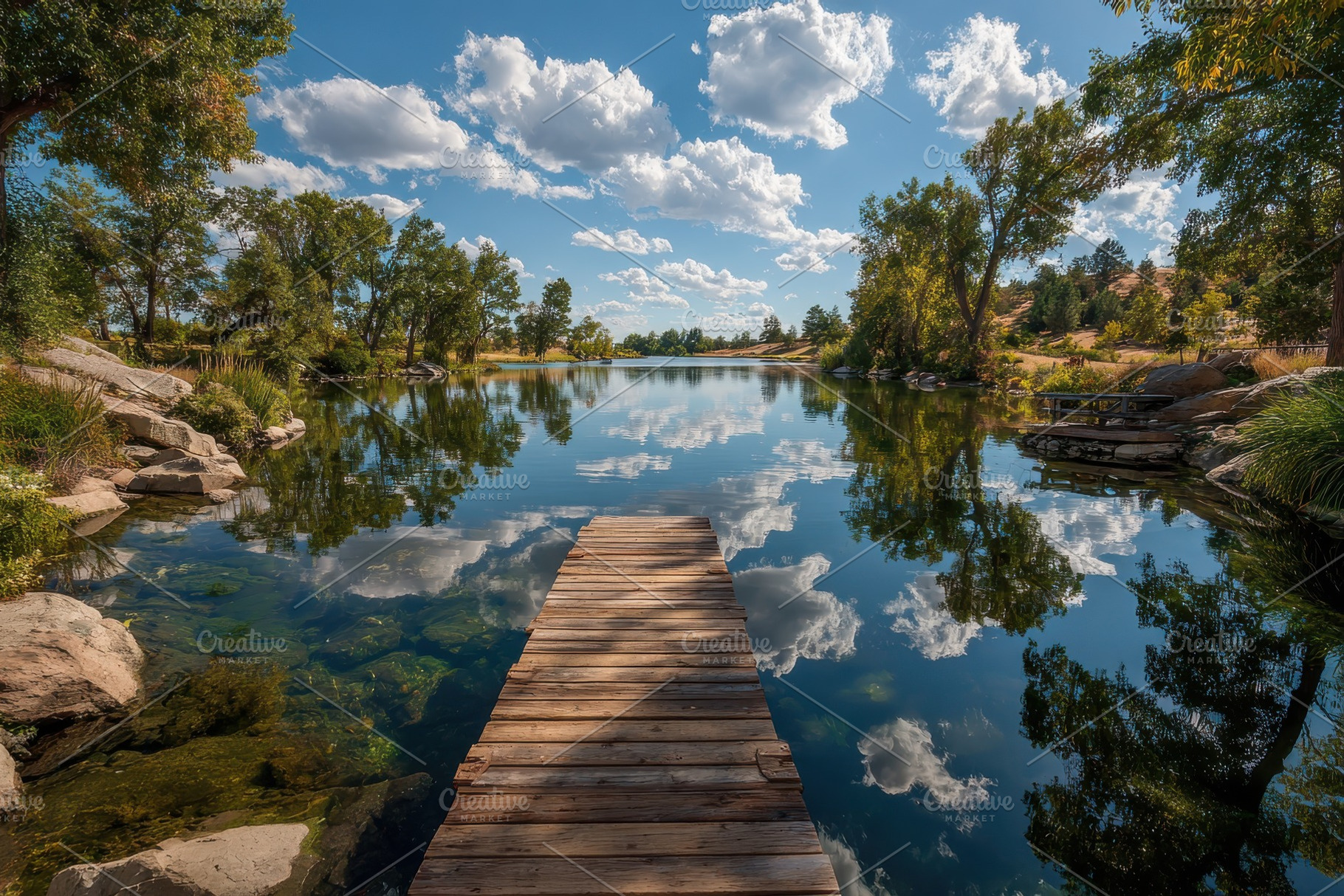 Wooden dock on serene lake reflectin, a Photo by Pixeness Studio