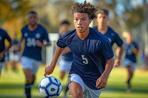 A young Black male soccer player in motion, focused on the ball, a Sports & Recreation Photo by ImageMir