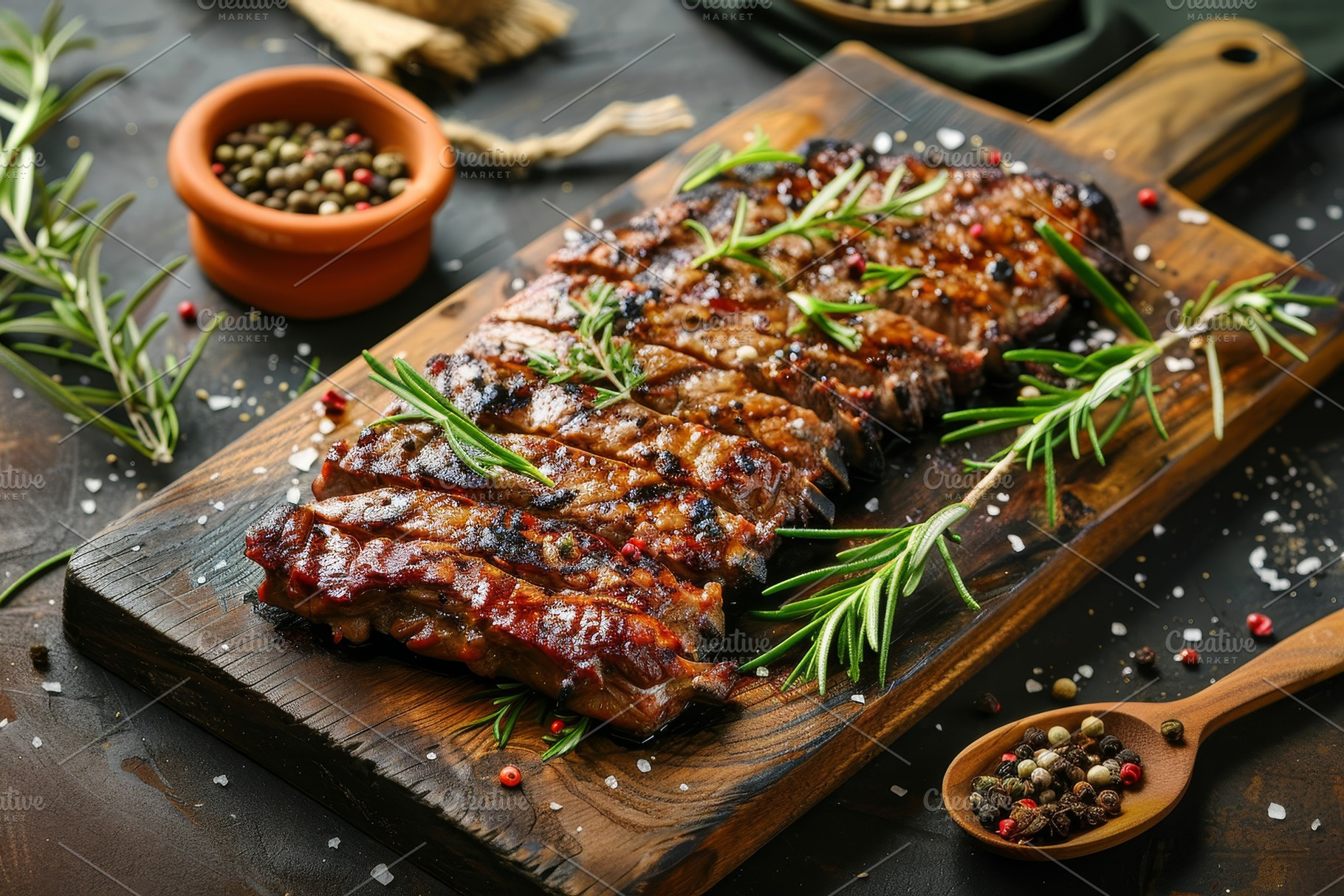 A succulent grilled steak rests on a, a Photo by Tanuart