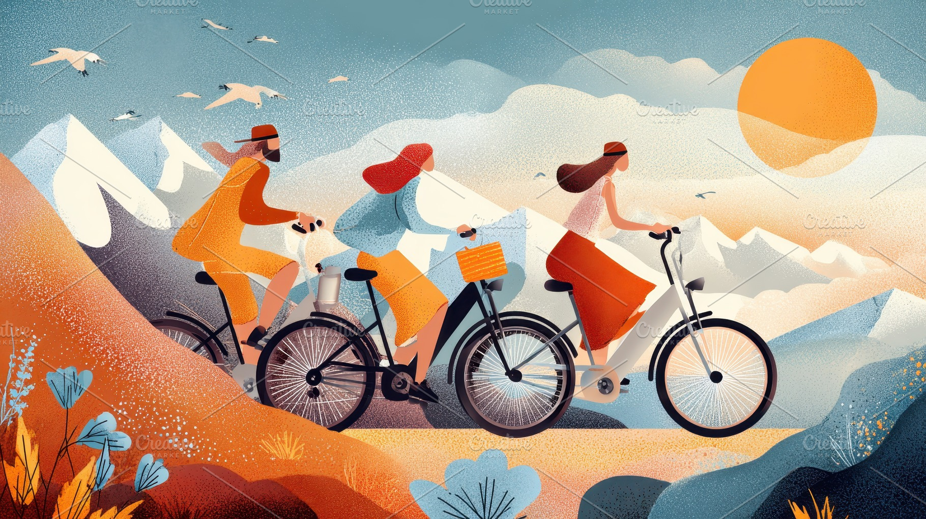 Three friends explore scenic, a Photo by Pavel_design
