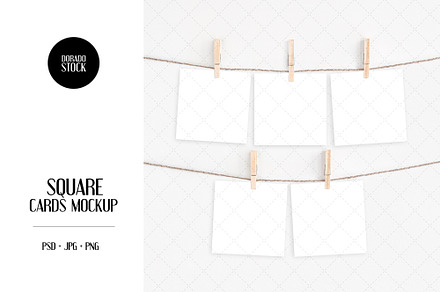 Square cards mockup with clothespins