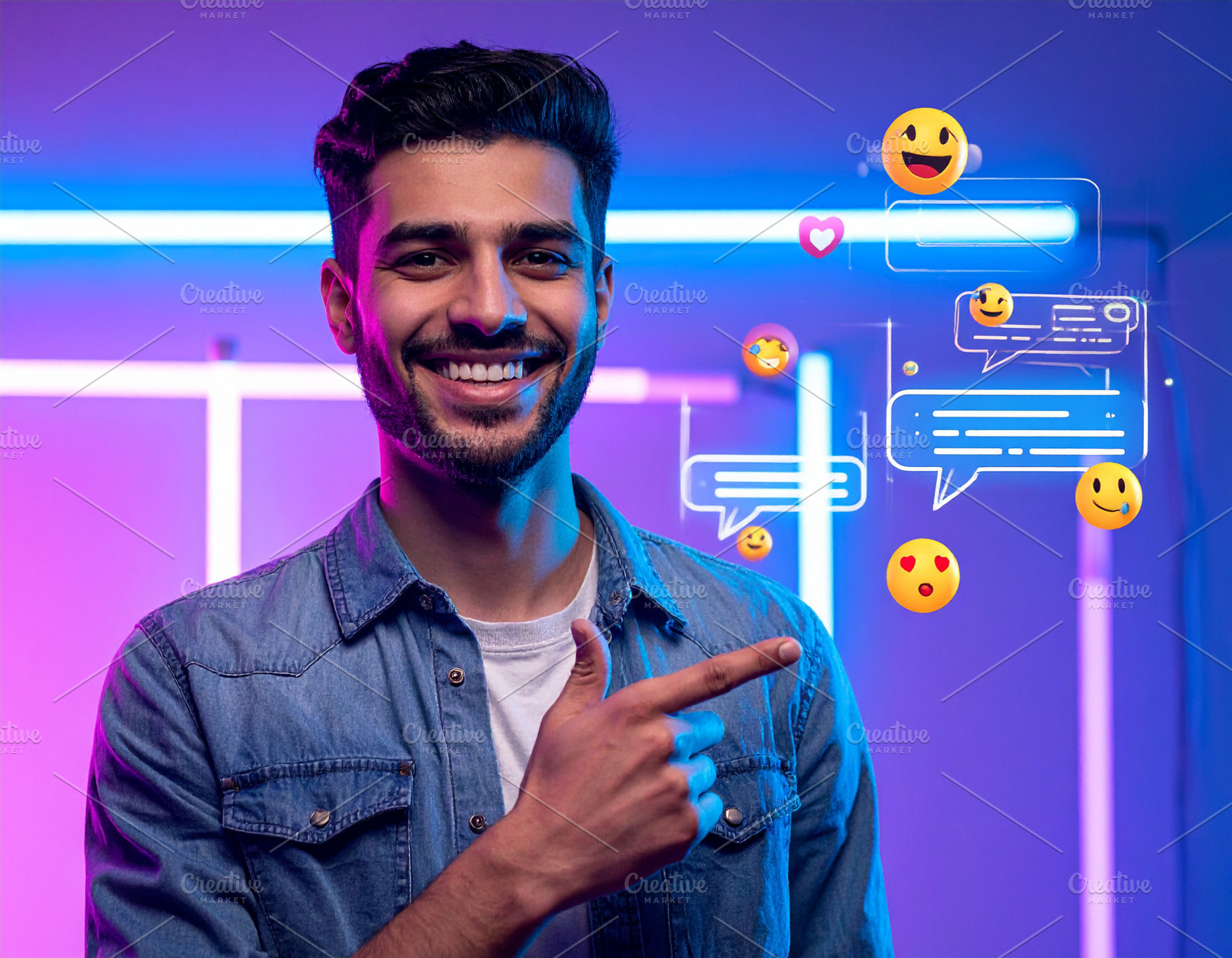 Man smiling with social media notification icons, a Person Photo by DanFLCreativo