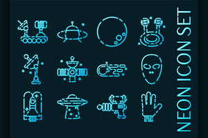 UFO Set Icons. Blue Glowing Neon