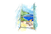 Sea view watercolor illustration, an Illustration by Kamenuka (Thumbnail 1 of 2)