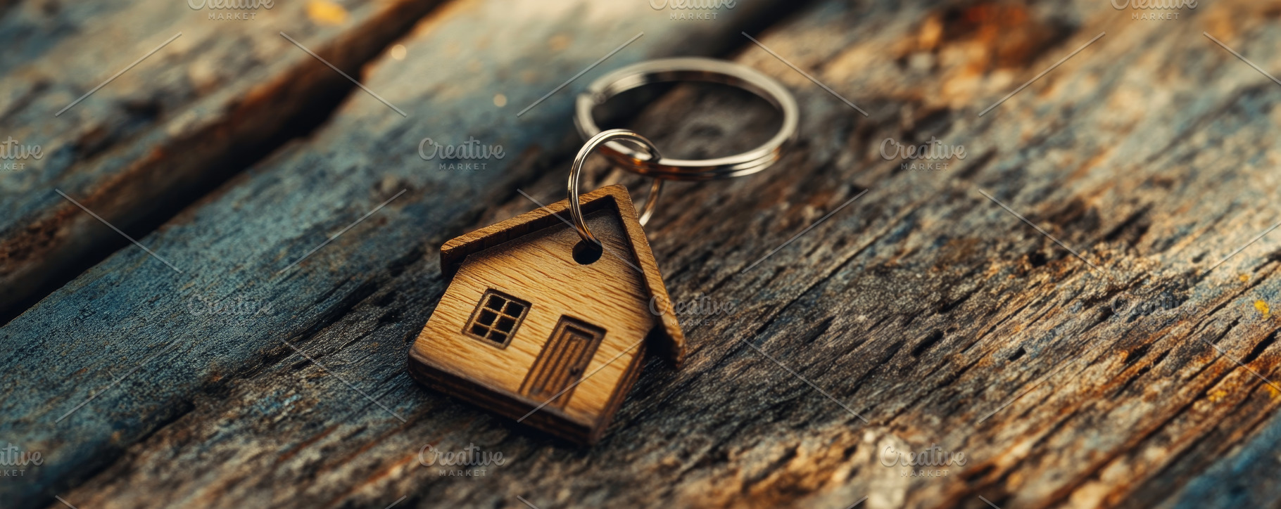 Wooden House Keychain on Textured Wooden Surface, an Abstract Photo by Natalia Klenova's Shop