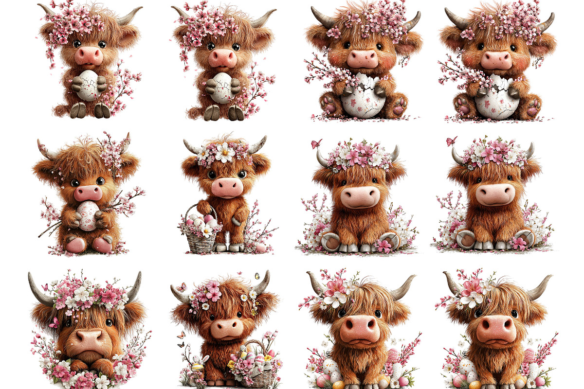 Highland Cow Easter Floral Clipart, an Illustration by Designking (Photo 2 of 5)