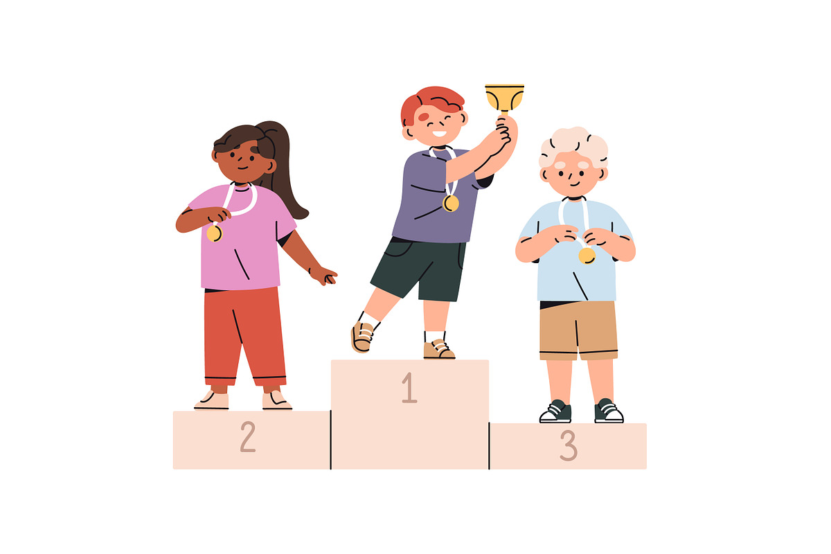 Kids celebrating win on pedestal set, a Person Illustration by PaperTrident (Photo 2 of 5)