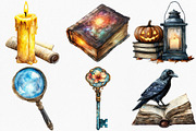 Watercolor Haunted Bookstore Clipart, an Illustration by Canvas Craft (Thumbnail 2 of 7)