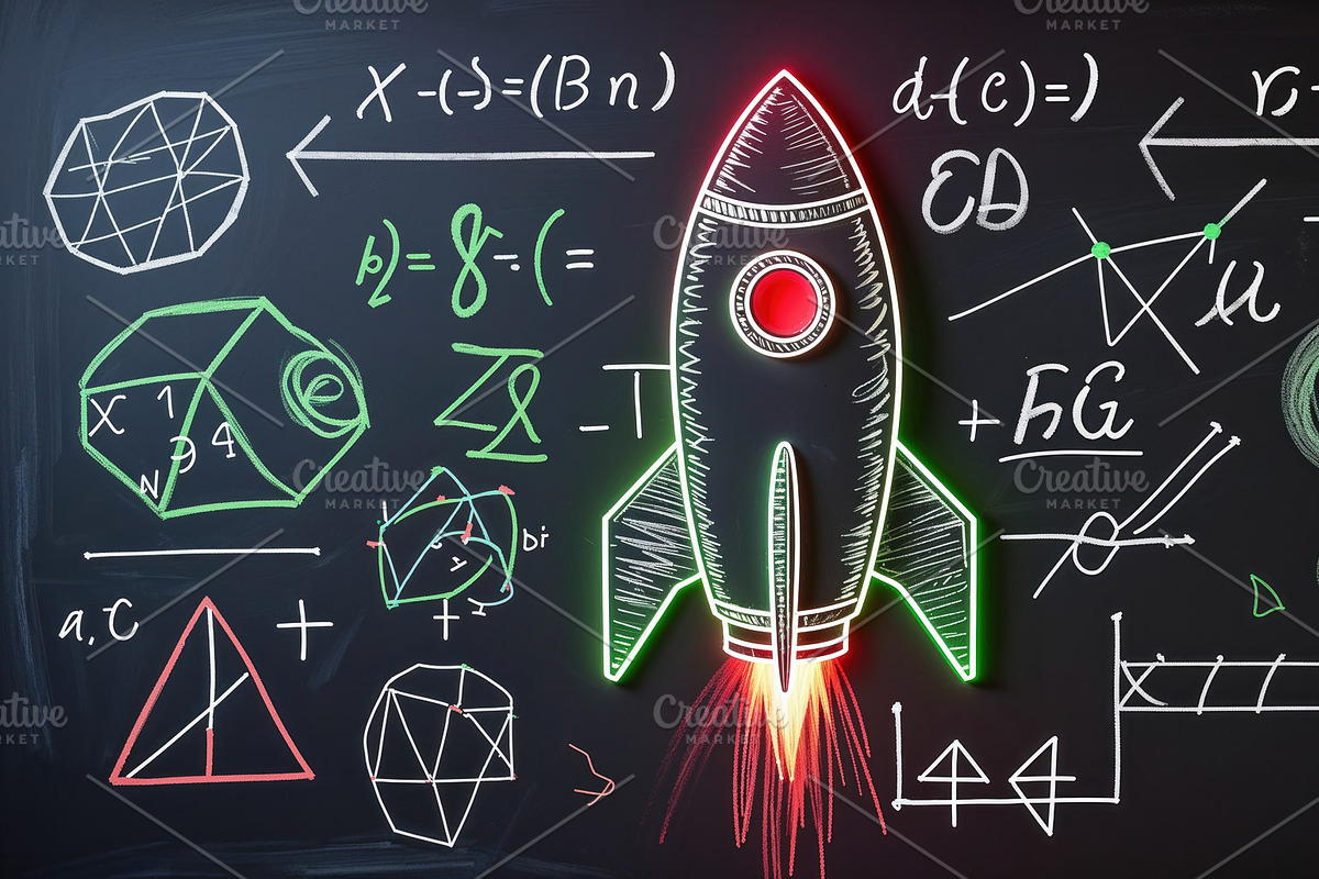 Neon rocket design on chalkboard, an Illustration by wavebreak