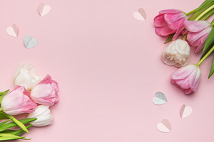 Pink and white tulips forming a border with paper hearts on a pi, a Nature Photo by Olena Rudo