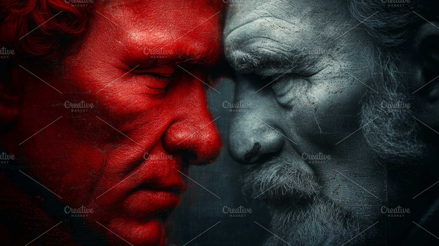 Dramatic depiction of two faces showcasing opposition in artistic style, a Photo by AS photostudio