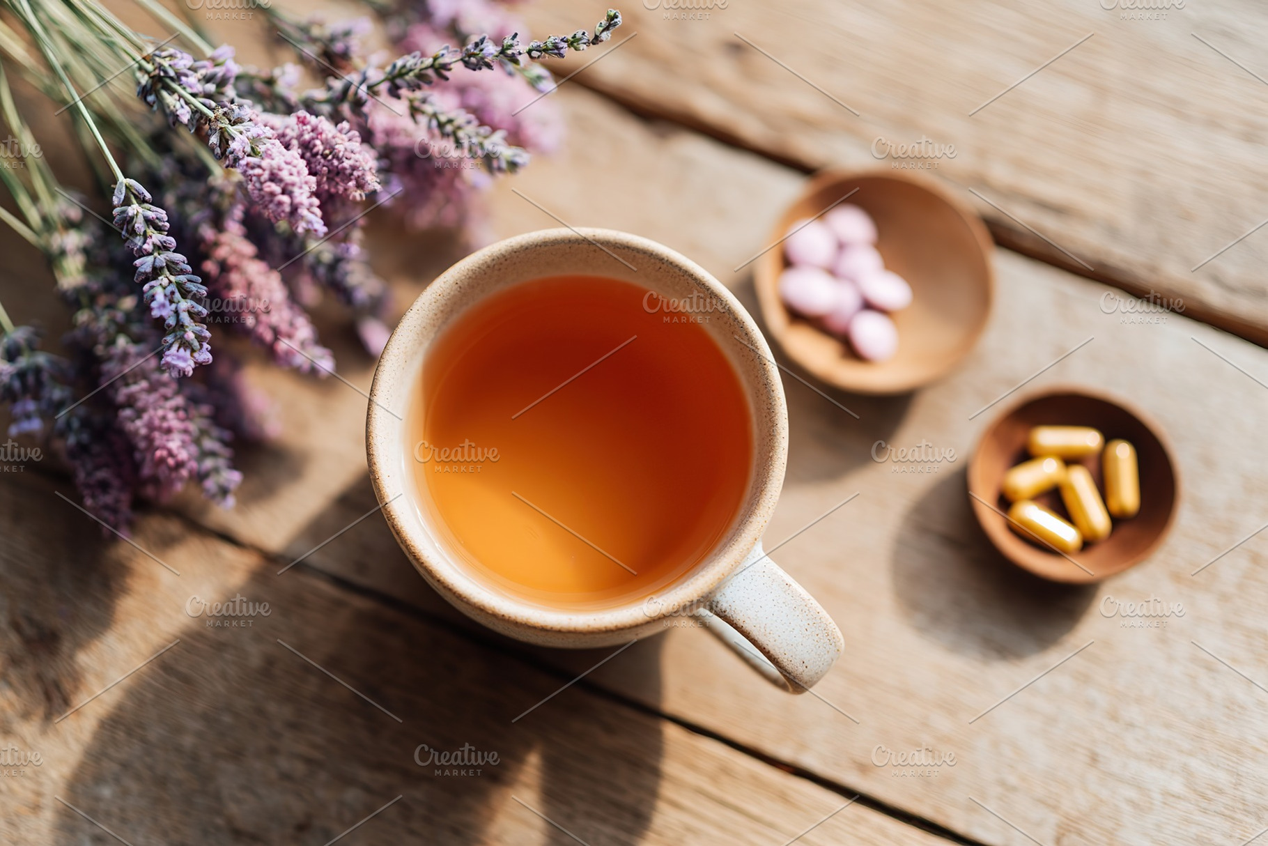 Fresh lavender herbal tea with natural supplements on a wooden table, a Food & Drink Photo by AlyaAnd