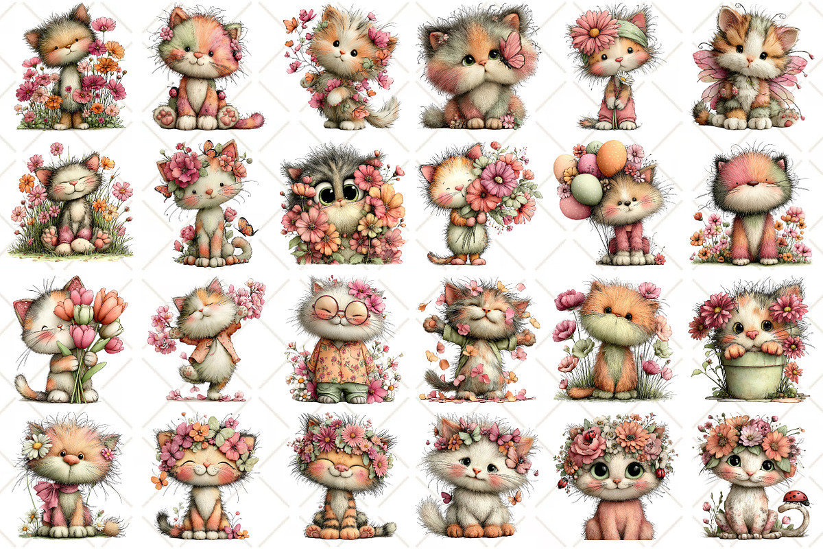 Whimsical Spring Cat Clipart, an Illustration by Black Bird Studio (Photo 2 of 5)