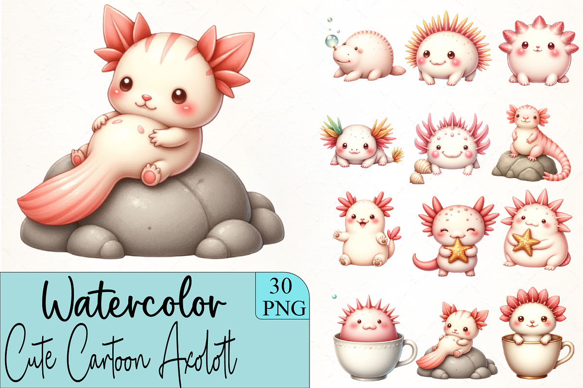 Cute Cartoon Axolotl Clipart, an Illustration by CrexoraLab (Photo 1 of 5)