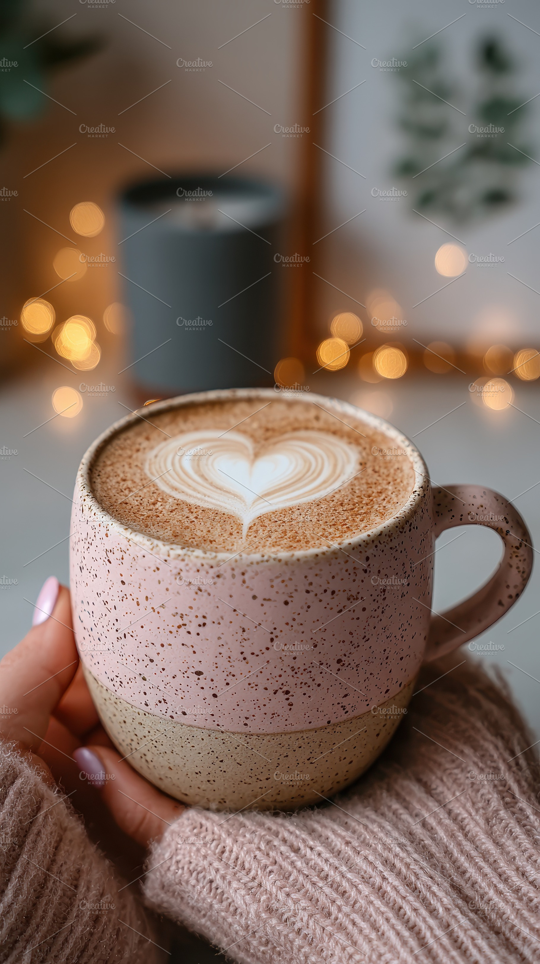 Cozy latte art heart in pink mug war, a Photo by Pixeness Studio
