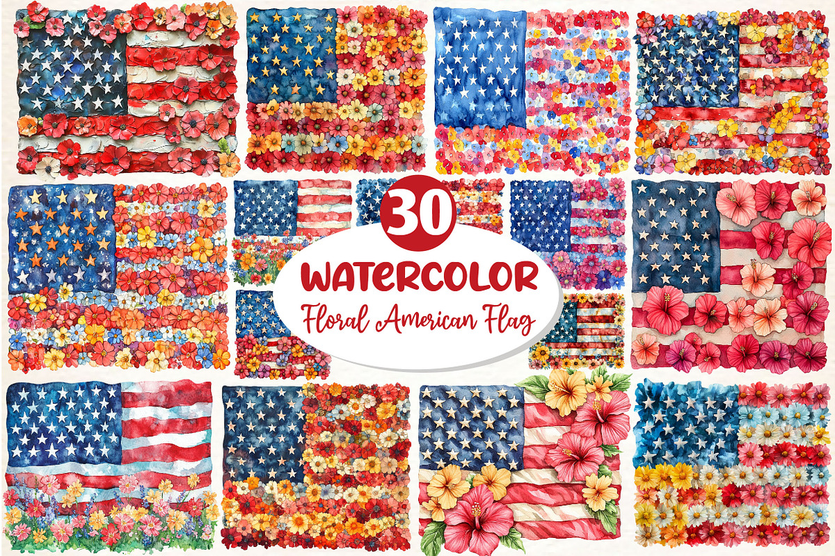 Floral American Flag Clipart, an Illustration by Dream Creation (Photo 1 of 6)