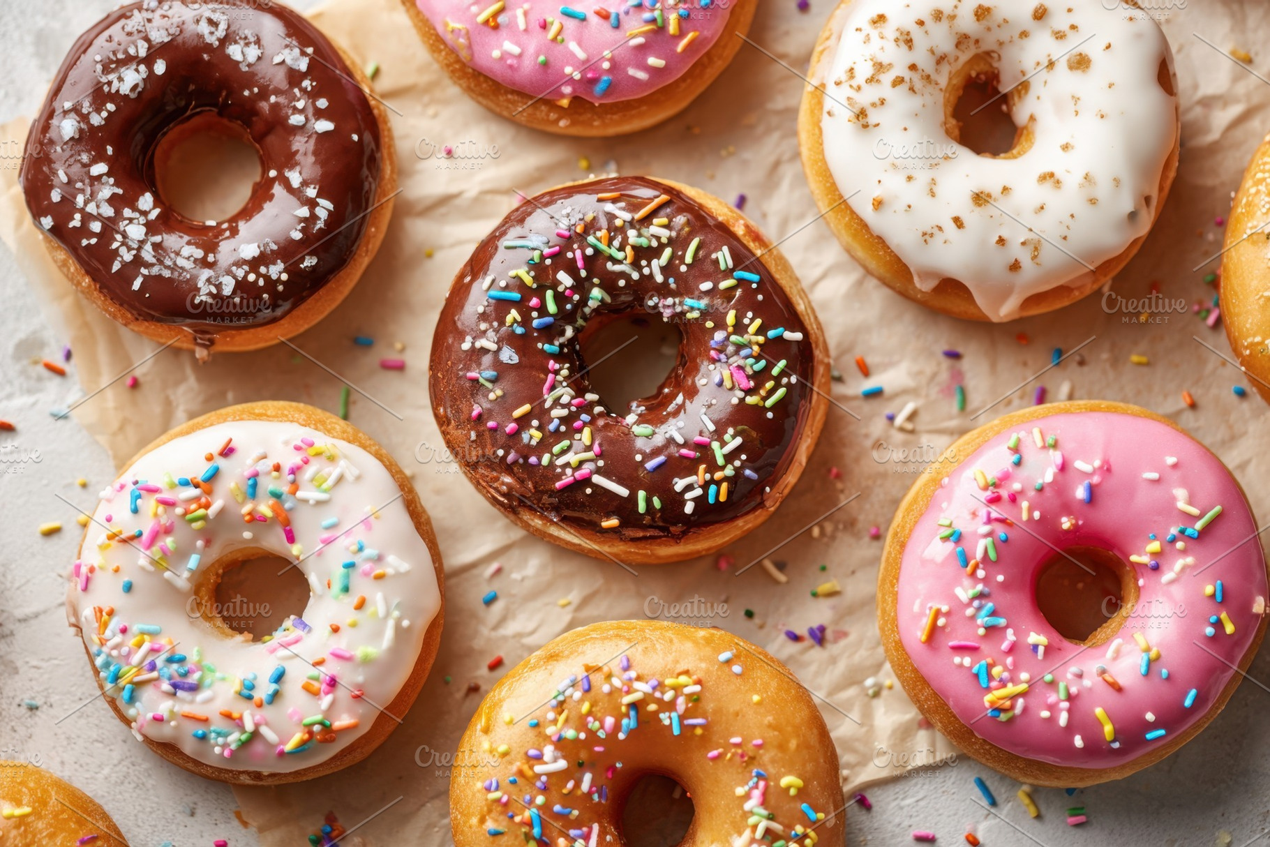 Sweet donuts with cream and sprinkles, a Food & Drink Photo by AlyaAnd