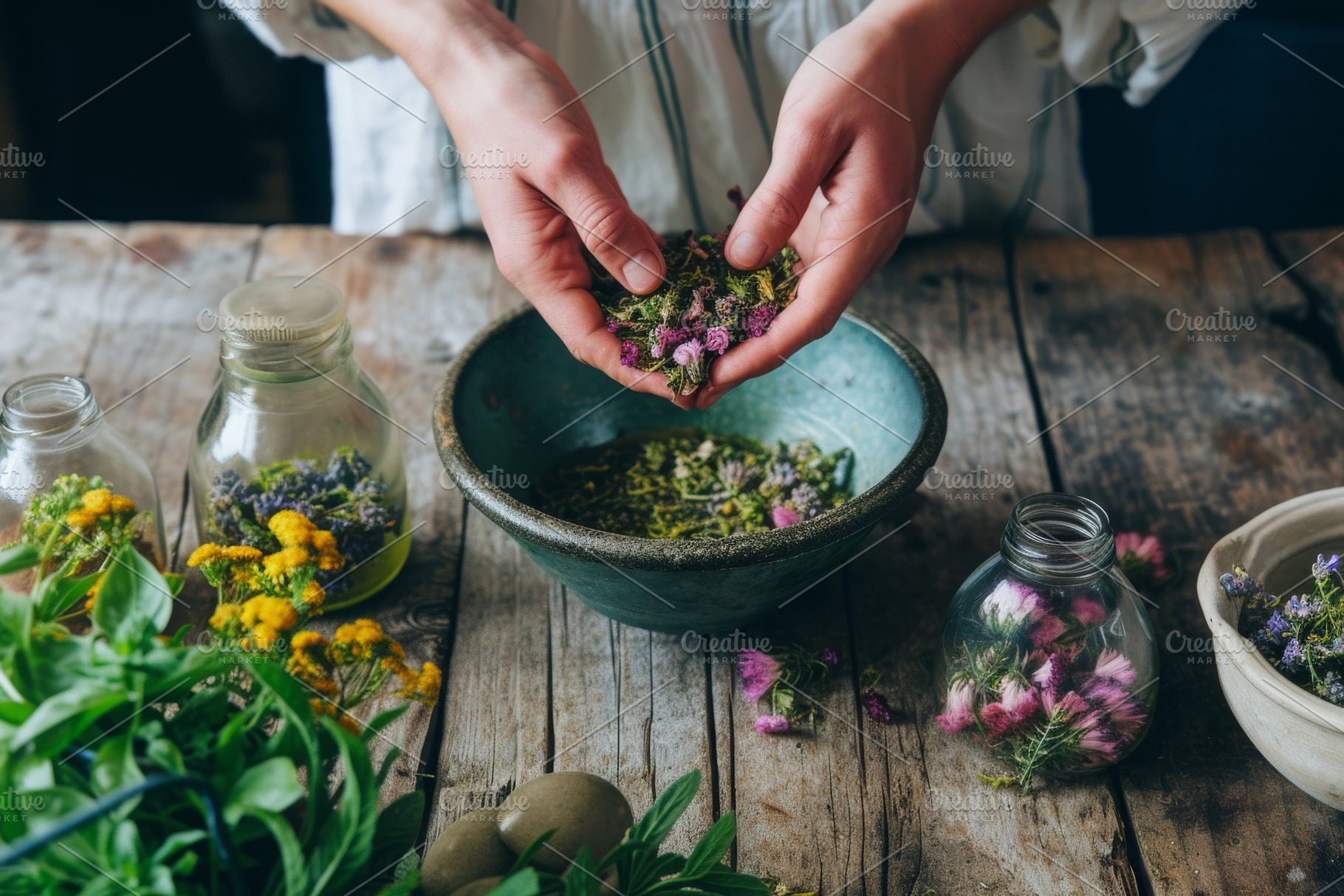 A person is placing various herbs in, a Photo by Iftikhar Alam