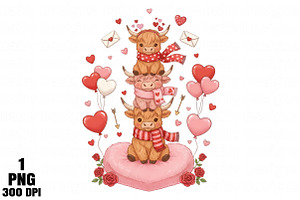 Valentine Highland Cow Stack PNG, an Illustration by Daily.Designs
