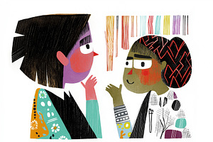 Two cheerful women chat and smile, a Person Illustration by Sybillla