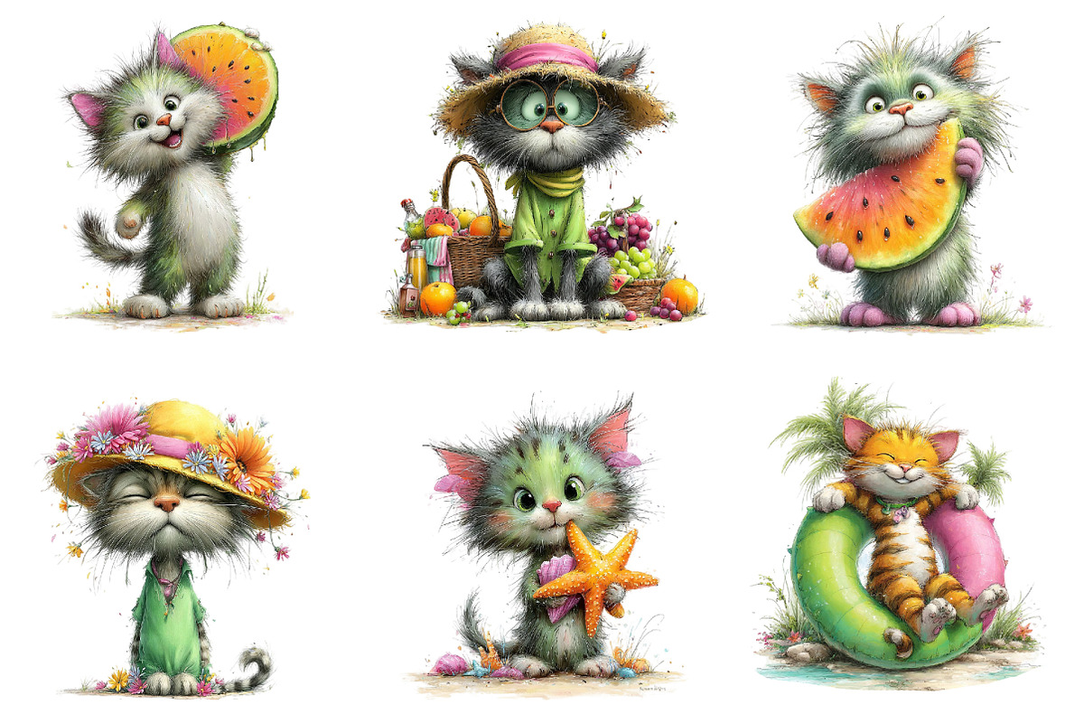 Whimsical Summer Cats Clipart Bundle, an Illustration by Dream Creation (Photo 3 of 8)