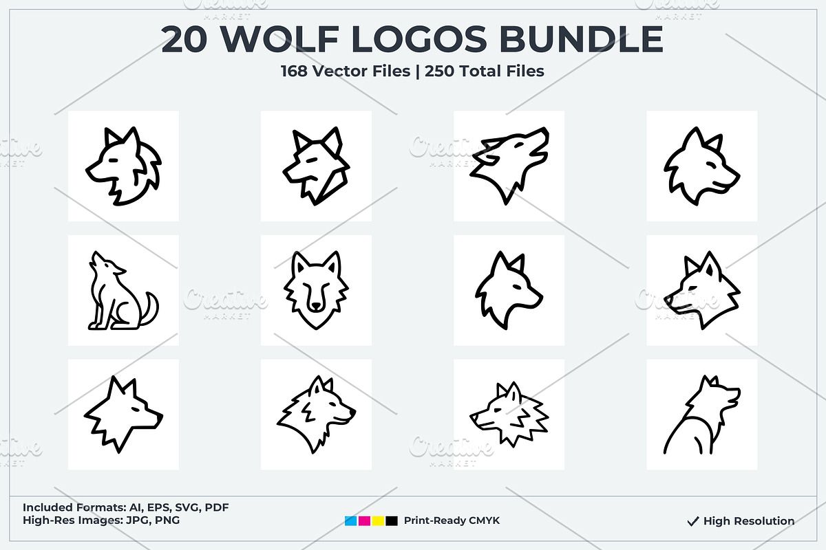 20 Outline Wolf Head Logos Bundle, an Animal Illustration by Vectorium Studio (Photo 1 of 5)