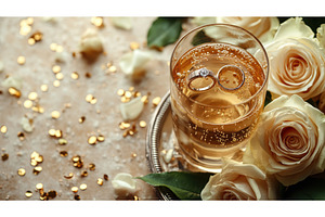 Wedding rings in champagne glass, a Photo by Rodica Ciorba