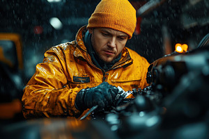 Worker repairs heavy machinery in a, a Photo by Tanuart