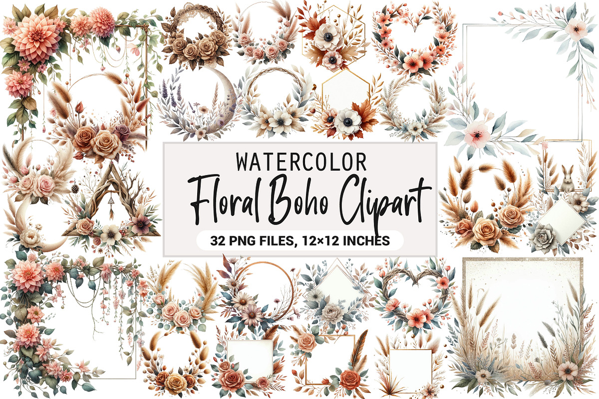 Floral Frame Border Wreath. Boho Cli, an Illustration by DreamArtGraphic (Photo 1 of 6)