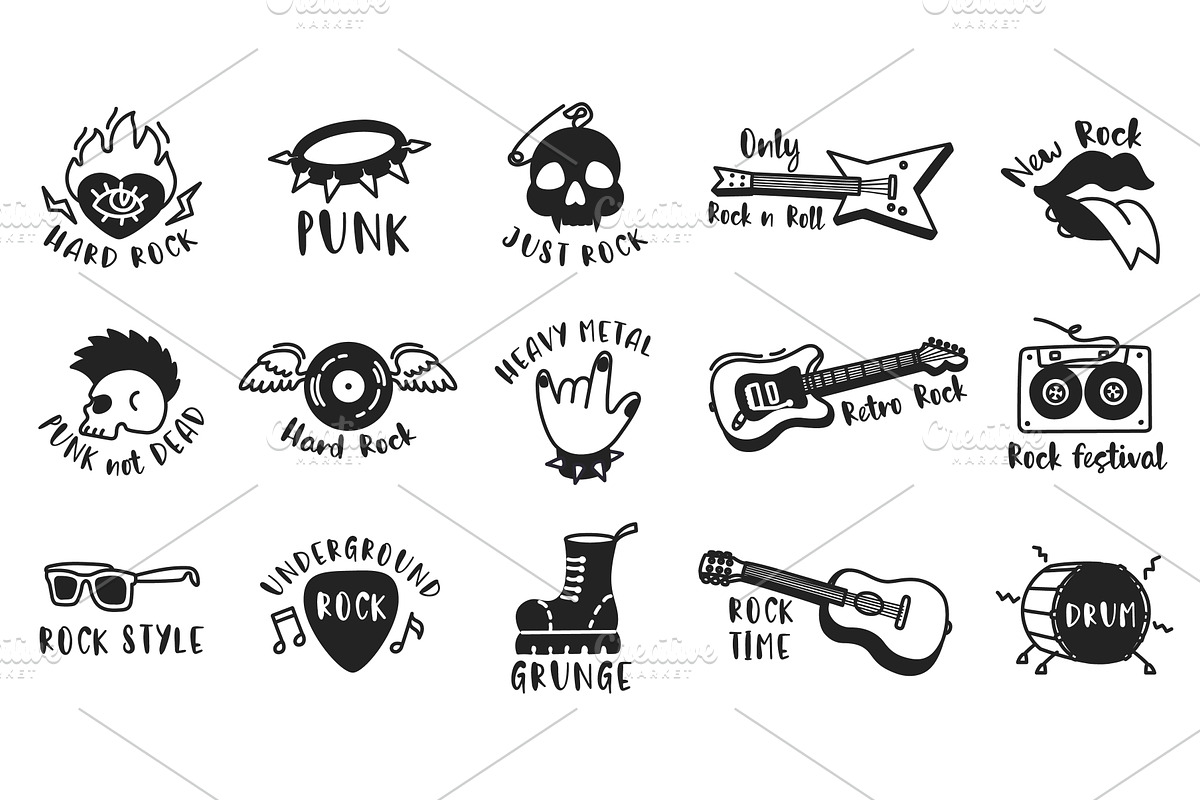 Punk rock music doodle badge. Guitar, an Illustration by winwin.art
