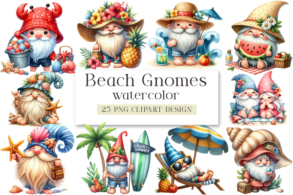 Watercolor Beach Gnomes Collection, a Seasonal Illustration by DreamArtGraphic (Photo 1 of 4)