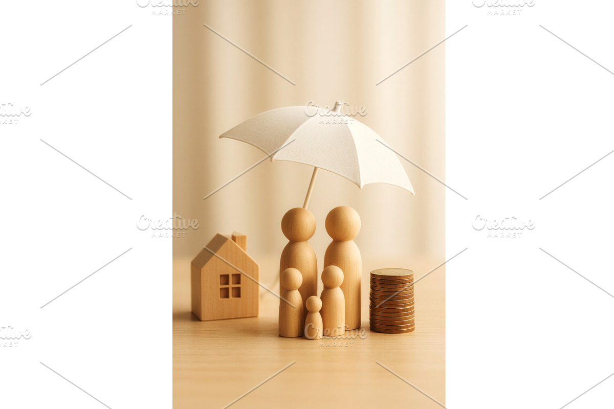 Wooden figurine family under a white, a Finance Illustration by Sergey Kotenev