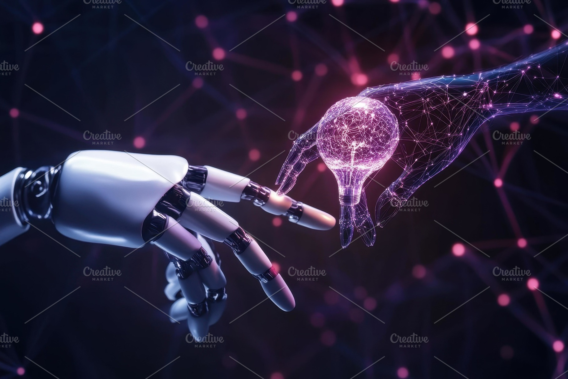 Human hand and robotic hand reaching, a Photo by Tanuart