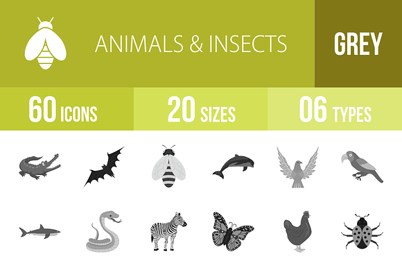 60 Animals Insects Greyscale Icons