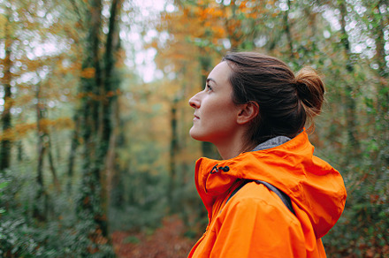 Woman enjoys a quiet walk through early autumn woods with vibrant foliage, a Person Photo by AlyaAnd