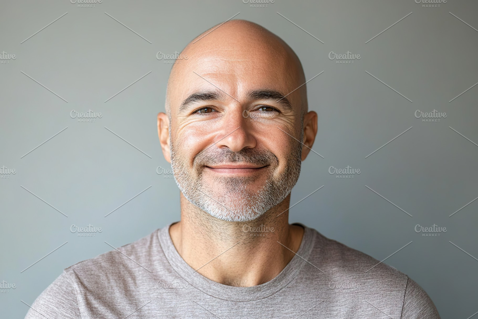 Portrait of middle age bald man on grey background, a Person Photo by AlyaAnd