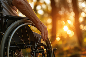 Male hand on wheelchair in the park with sunlights, a Photo by AlyaAnd