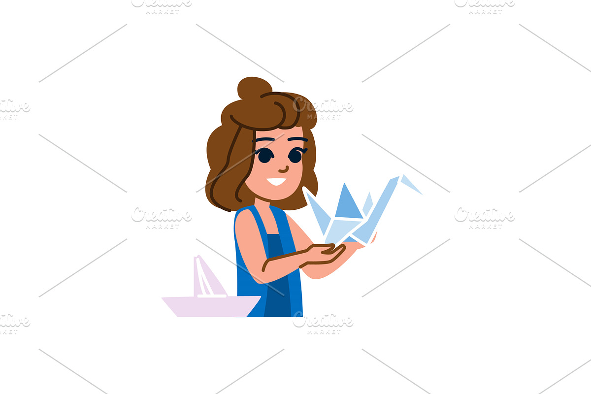 Girl showing origami crane and paper, an Object Illustration by pikepicture