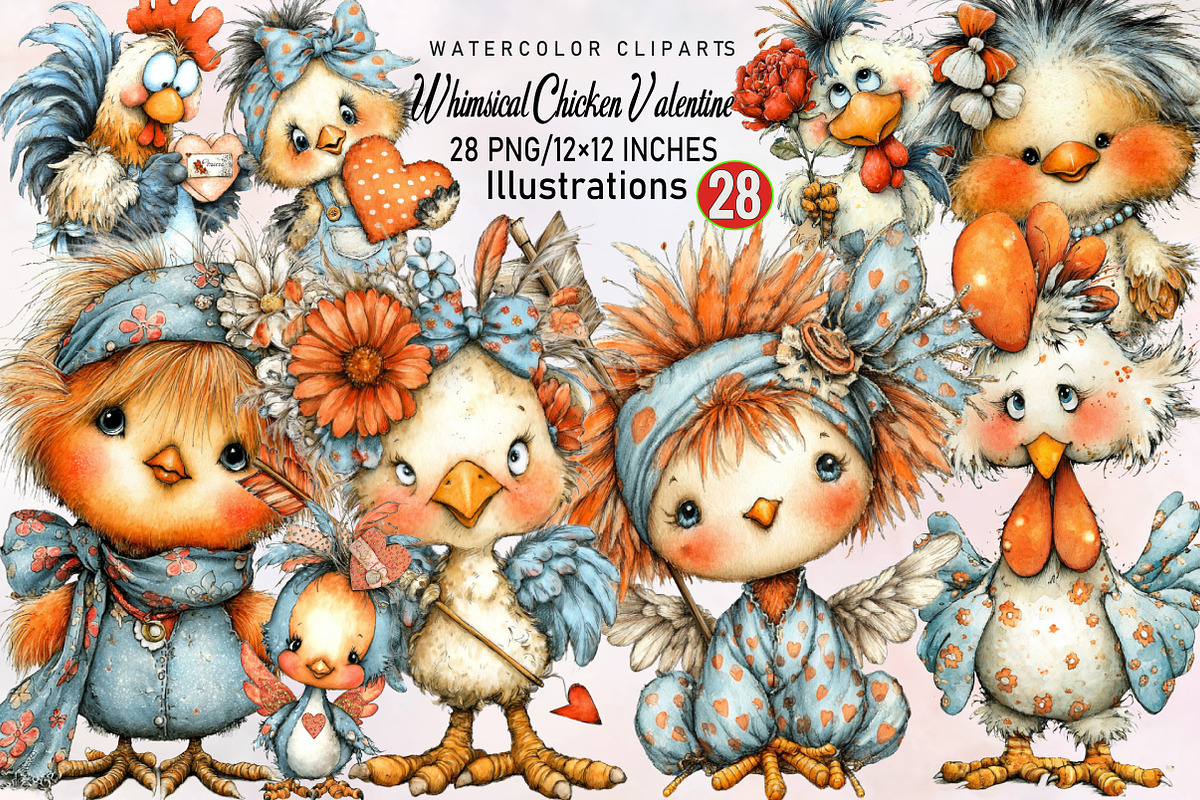 Whimsical Chicken Valentine Clipart, an Illustration by SVGArt (Photo 1 of 8)