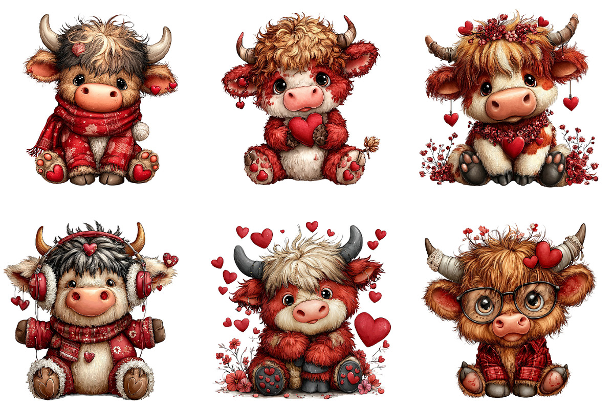 Valentine’s Day Highland Cow Clipart, an Illustration by Dream Creation (Photo 4 of 8)