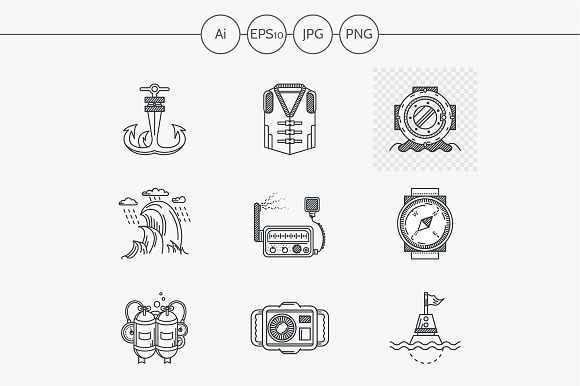 Diving Flat Line Vector Icon. Part 2