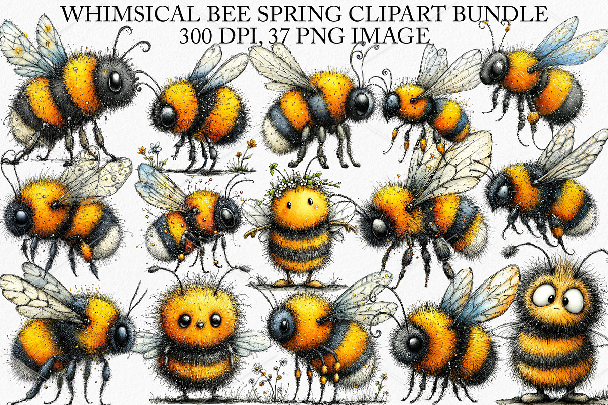 Whimsical Bee Spring Clipart Bundle, an Illustration by Canvas Craft (Photo 1 of 7)