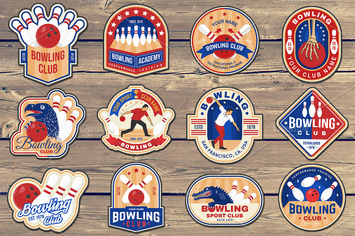 Bowling 12 patches/logos/badges, a Branding & Logo Template by sivVector (Photo 2 of 5)